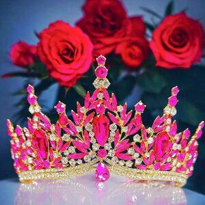 Fuchsia Gemstone Crown, Birthday Tiara, Wedding Headband, Prom Crown, Gold Tiara